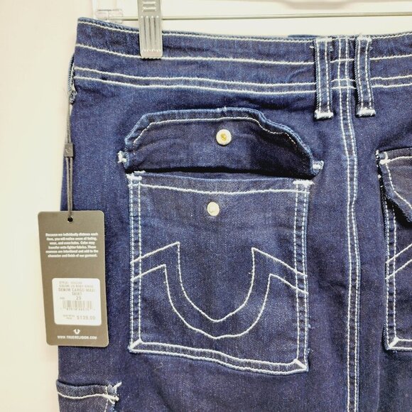 True Religion Rinse Dark Blue Denim Long Cargo Utility Skirt NWT Womens Size 29 - Picture 13 of 14